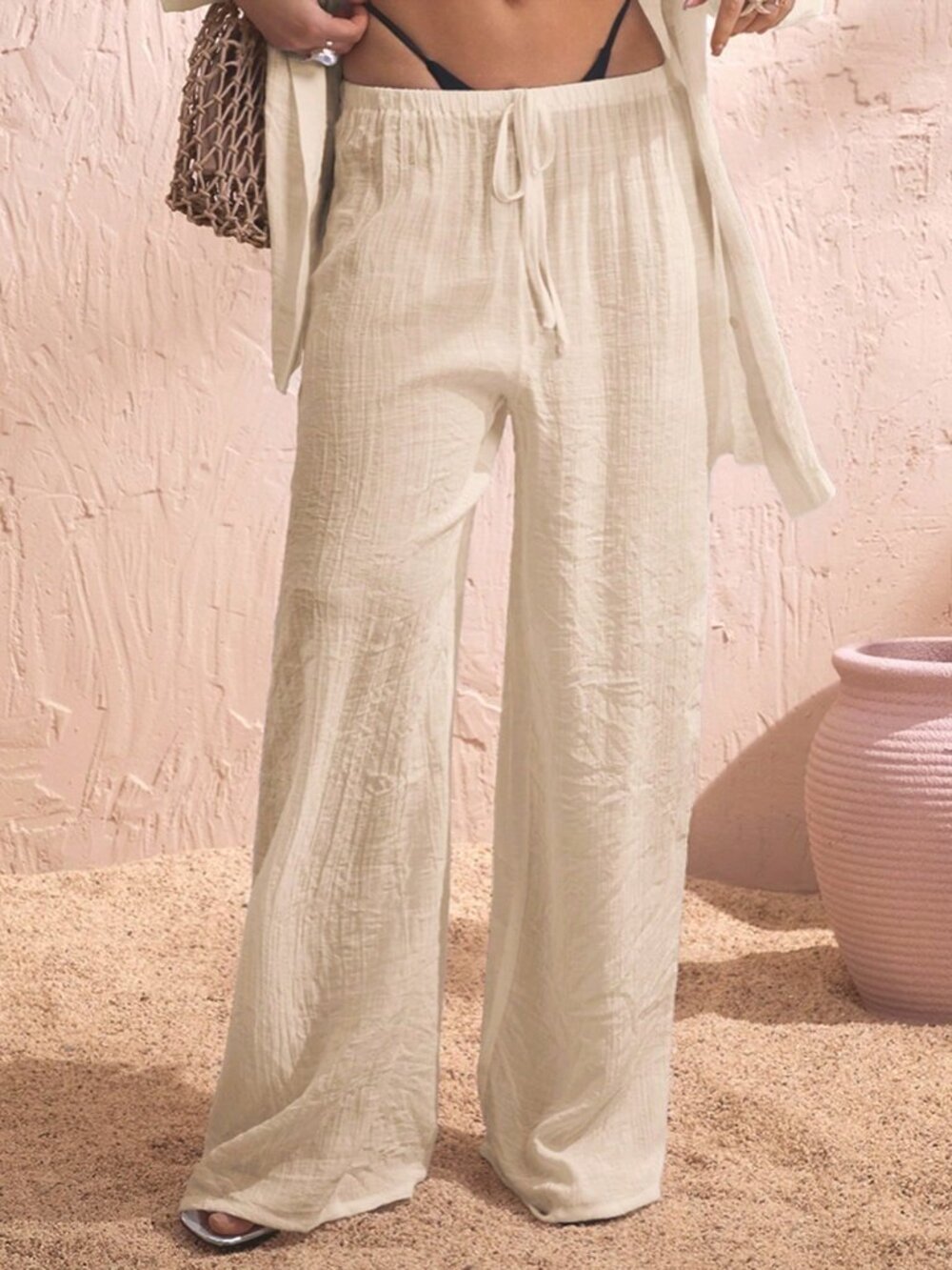 Apricot Casual Women's Drawstring Waist Loose Wide Leg Pants - Picture 3 of 6